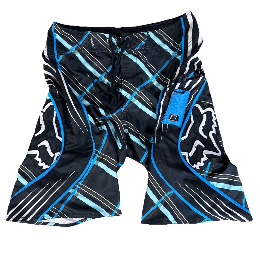 Fox Racing Co. Board Shorts With Bottle Opener Wax Comb Fin Key Sz 32 Black Blue
